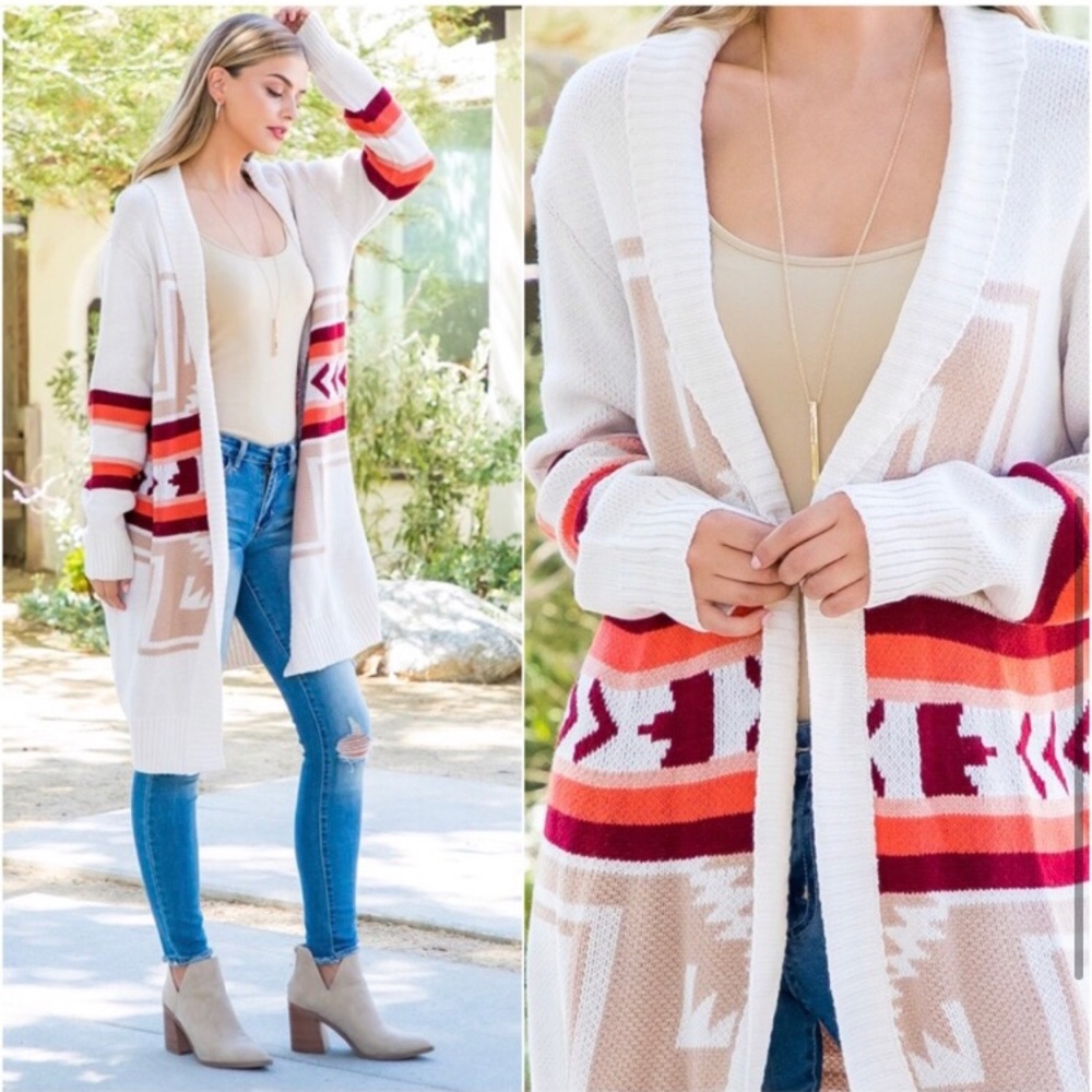 LAST ONE: Women’s Aztec print fall colors knee length cardigan sweater - Picture 3 of 4